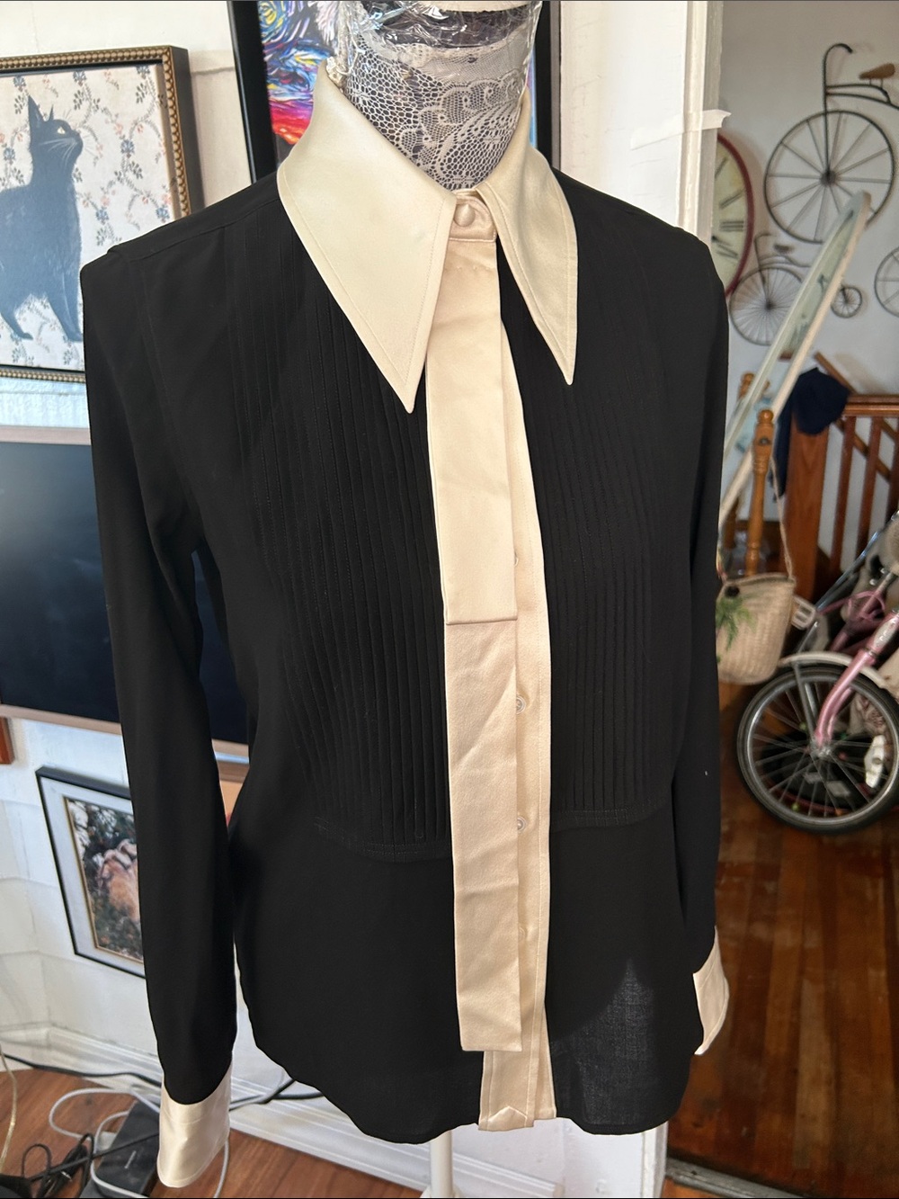 Marc Jacobs Black Blouse with Cream Satin Collar & Placket